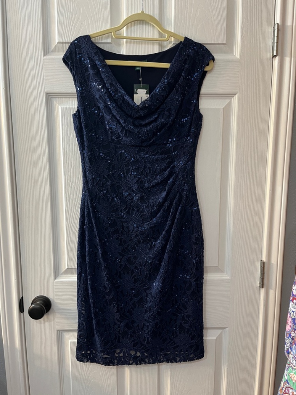 Ralph Lauren Navy Lace Cowl-Neck Midi Dress